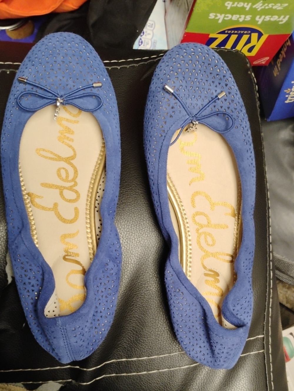 SAM EDELMAN FELICIA BLUE PERFORATED SUEDE W/DAINTY BOW BALLET FLATS EX